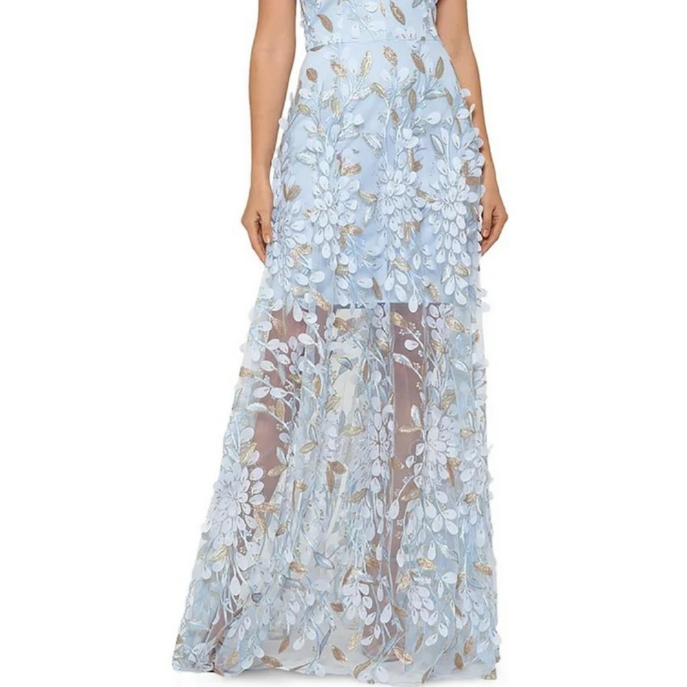 Elegant Blue Floral Embroidered Dress,xscape women padded appliqué eve dress